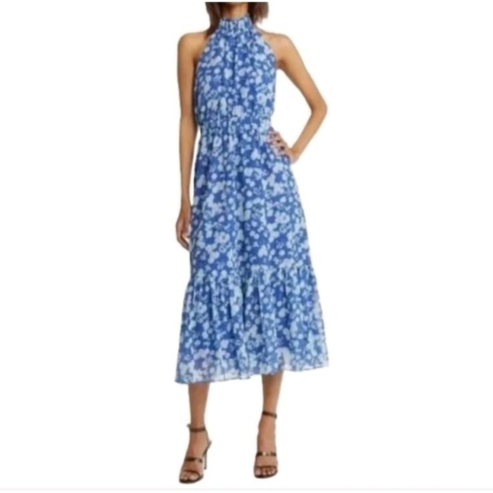 Chelsea28 Blue Floral Halter Open Back Ruffle Hem Midi Dress Size Large